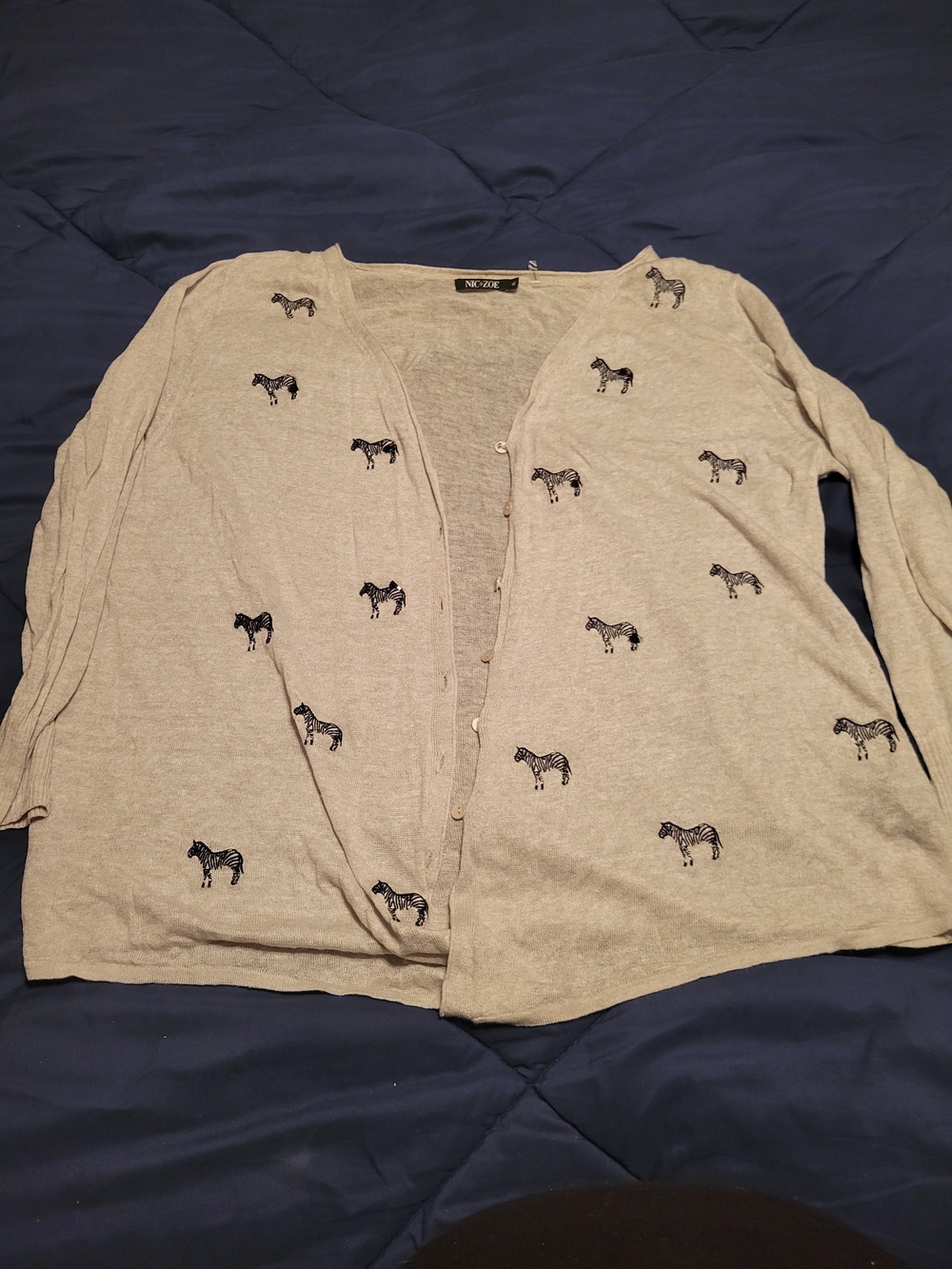 Women's Light Gray Zebra-Print Cardigan Sweater